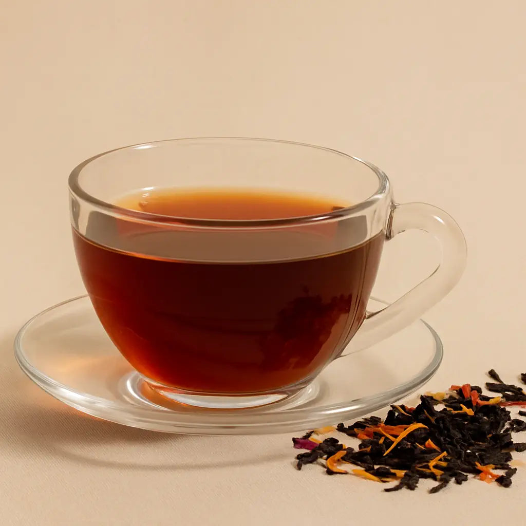 Thé noir Matin Tropical infusé dans une tasse en verre – saveur goyave et passion