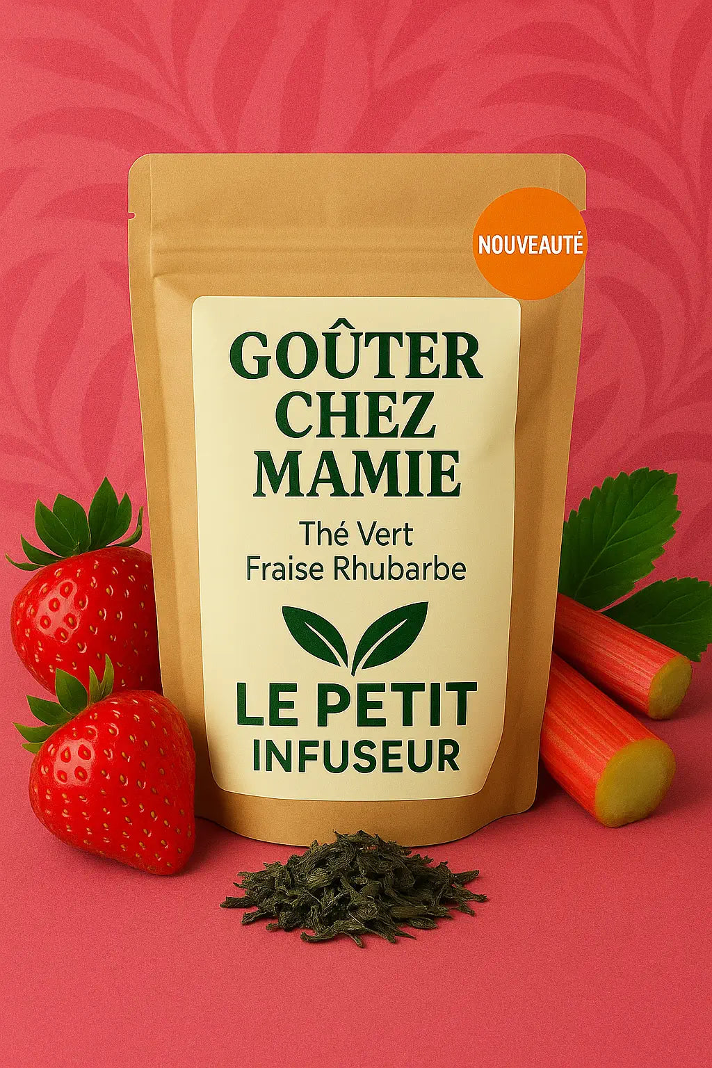 Thé vert Fraise Rhubarbe – Goûter chez Mamie, sachet face