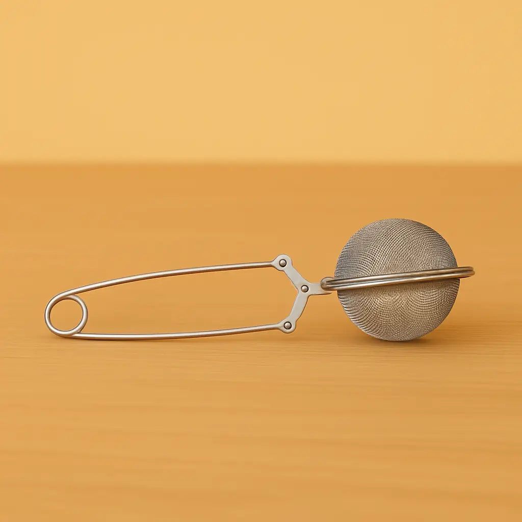 Pince à thé TeaClic en acier inoxydable – vue de face posée à plat