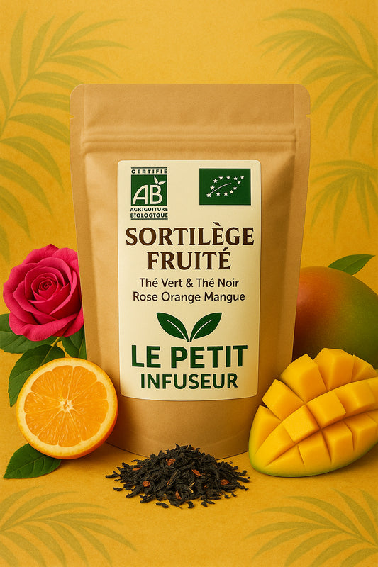 Mélange bio Sortilège Fruité – thé vert et noir aux fruits, sachet face