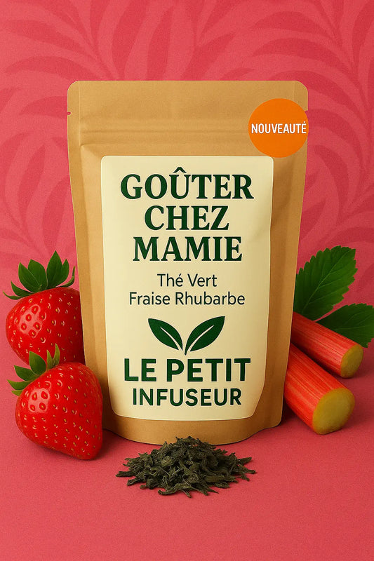 Thé vert Fraise Rhubarbe – Goûter chez Mamie, sachet face
