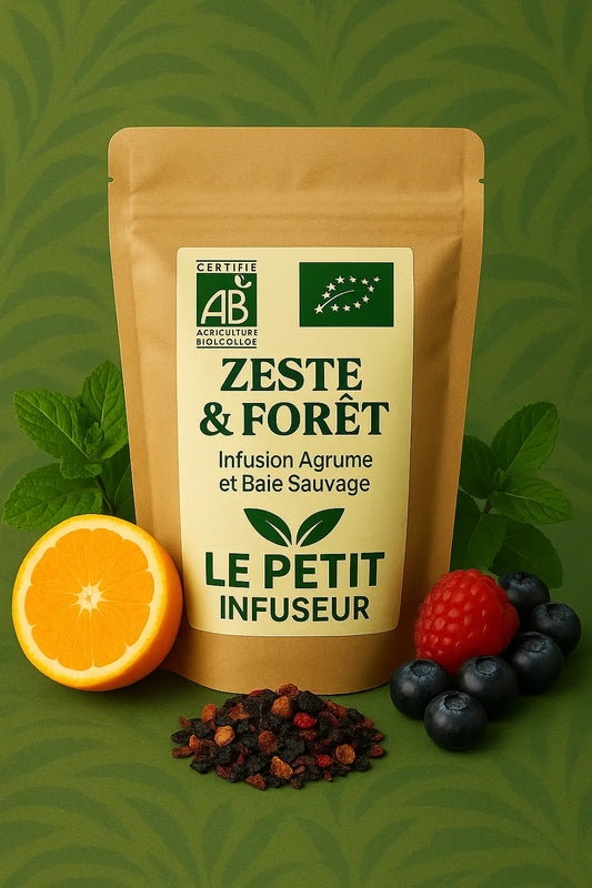 Infusion bio Zeste & Forêt – agrumes et baies sauvages, sachet face